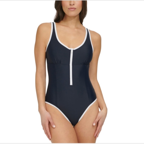 Tommy Hilfiger Women's Zip-Front One-Piece Swimsuit - Sky Captain - Picture 1 of 3